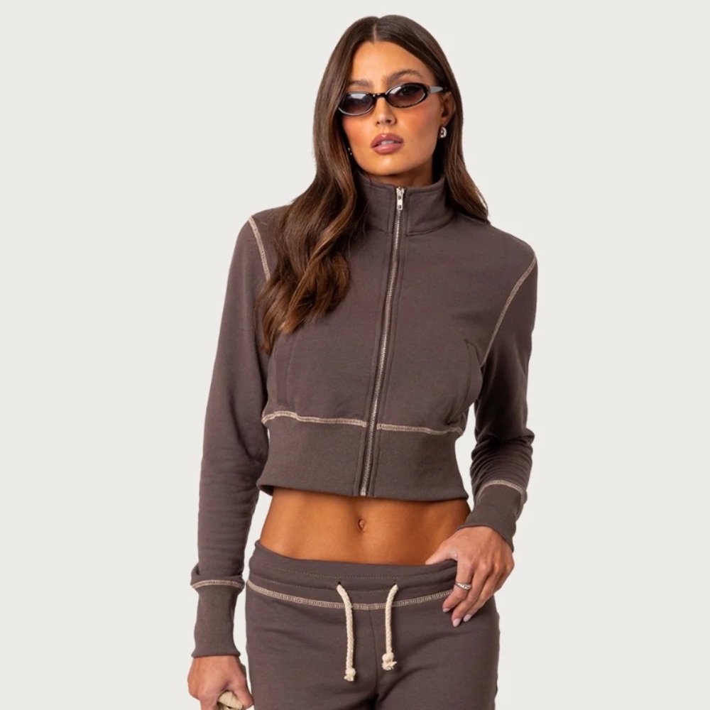 EDIKTED Alexia Zip Up Sweatshirt Brown NWT